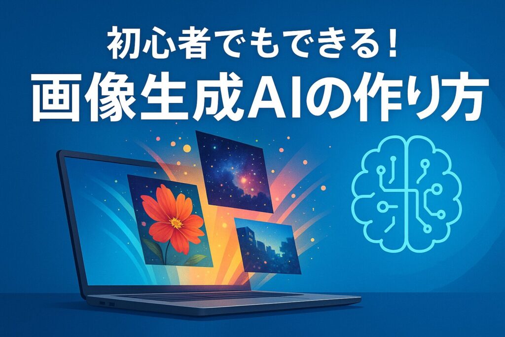 ChatGPT Image 2025年4月27日 09_46_23 - AI関連のブログ 未来的な背景に、パソコンとカラフルな画像生成をイメージしたイラスト。「初心者でもできる!画像生成AIの作り方」の文字入り。