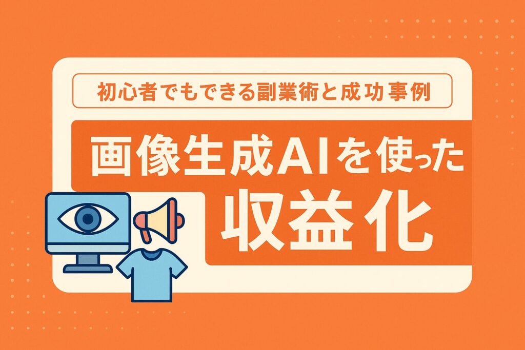 ChatGPT Image 2025年6月7日 18_50_23 - AI関連のブログ 「初心者でもできる副業術と成功事例」と書かれたバナー。中央に「画像生成AIを使った収益化」という白文字の見出し、左にはパソコン画面・メガホン・Tシャツのアイコンが並ぶ。オレンジを基調とした横長デザイン。