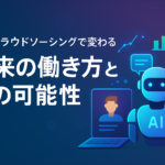 「未来の働き方とその可能性」という日本語のタイトルが中央に大きく表示された横長のバナー画像。背景は青から紫のグラデーションで、右側には「AI」と書かれたロボット、左にはノートパソコンの画面に人物アイコン、周囲にはチャットやグラフのアイコンが浮かぶ未来的なデザイン。
