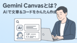 AI関連のブログ 「Gemini Canvasとは？AIで文章＆コードをかんたん作成！」という日本語の見出しと共に、スーツ姿の男性がノートパソコンで作業しているイラスト。画面にはAIによる文章生成とコード出力のUIが表示されている。