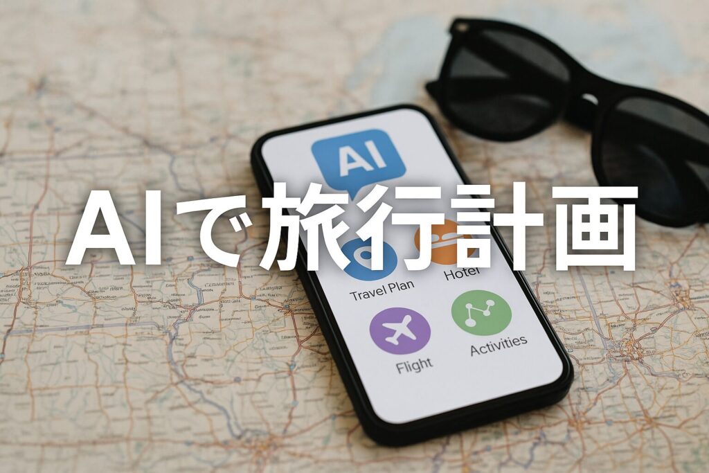 ChatGPT Image 2025年6月8日 08_47_41 - AI関連のブログ 地図の上に置かれたスマートフォンの画面に、AIによる旅行計画アプリのアイコンが表示されており、画面の中央に“AIで旅行計画”の日本語テキストが重ねられている。隣には黒いサングラスが置かれていて、旅行の雰囲気を演出しているリアルな構図の横長画像。」
