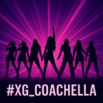紫とマゼンタの光線が広がる背景の中、7人の女性シルエットが力強く並び、下部には「#XG_COACHELLA」の文字が配置されたステージ演出風アイキャッチ画像。