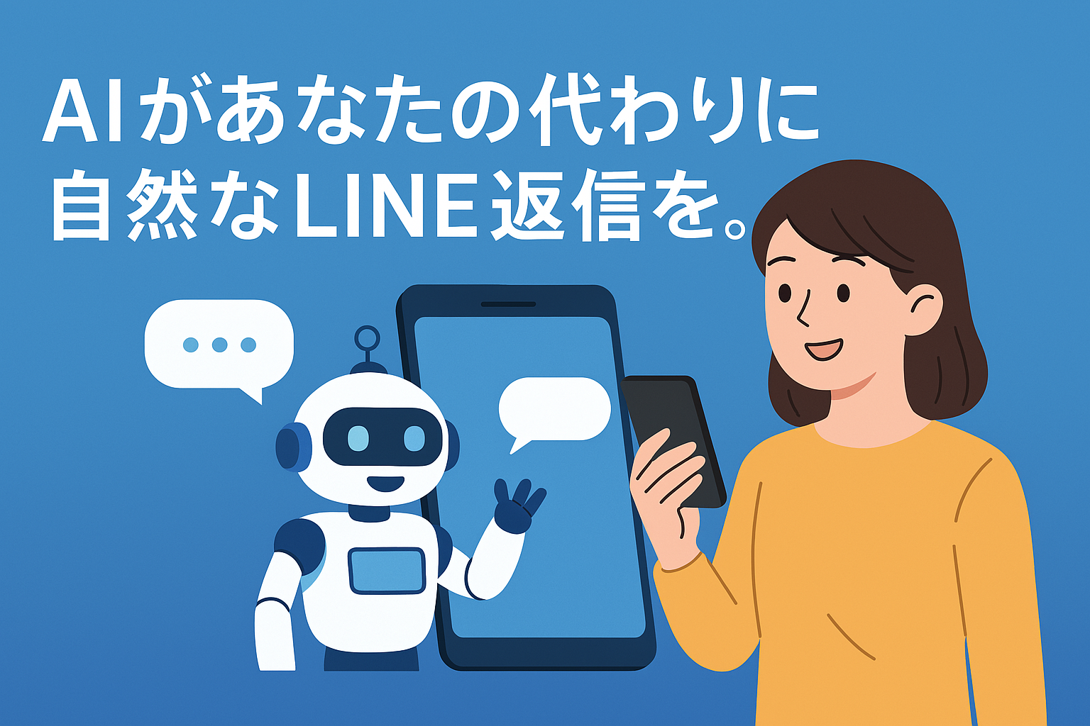 AI関連のブログ 「スマートフォンを手にした女性と、その画面上に表示されたLINE風のチャット画面にいるAIロボットが会話をしている様子。吹き出しとテキストで“AIがあなたのLINE返信を自然に代行”と書かれた、青い背景の横長イラスト。」