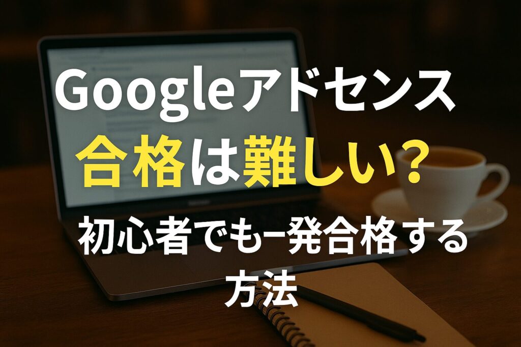 ChatGPT Image 2025年5月22日 21_28_53 - AI関連のブログ 「Googleアドセンスの合格は難しいのか?初心者でも一発合格できる方法を紹介する日本語タイトルが表示された横長のバナー画像。背景にはカフェのテーブルに置かれたノートパソコンとコーヒーカップ、ノートとペンが映っている。」