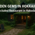 A cozy, hidden restaurant in the forested countryside of Hokkaido, Japan. The two-story wooden building is surrounded by lush greenery, with warm lights glowing from its windows and ivy covering the entrance. A stone path leads to the entrance, giving the scene a peaceful and secluded ambiance.