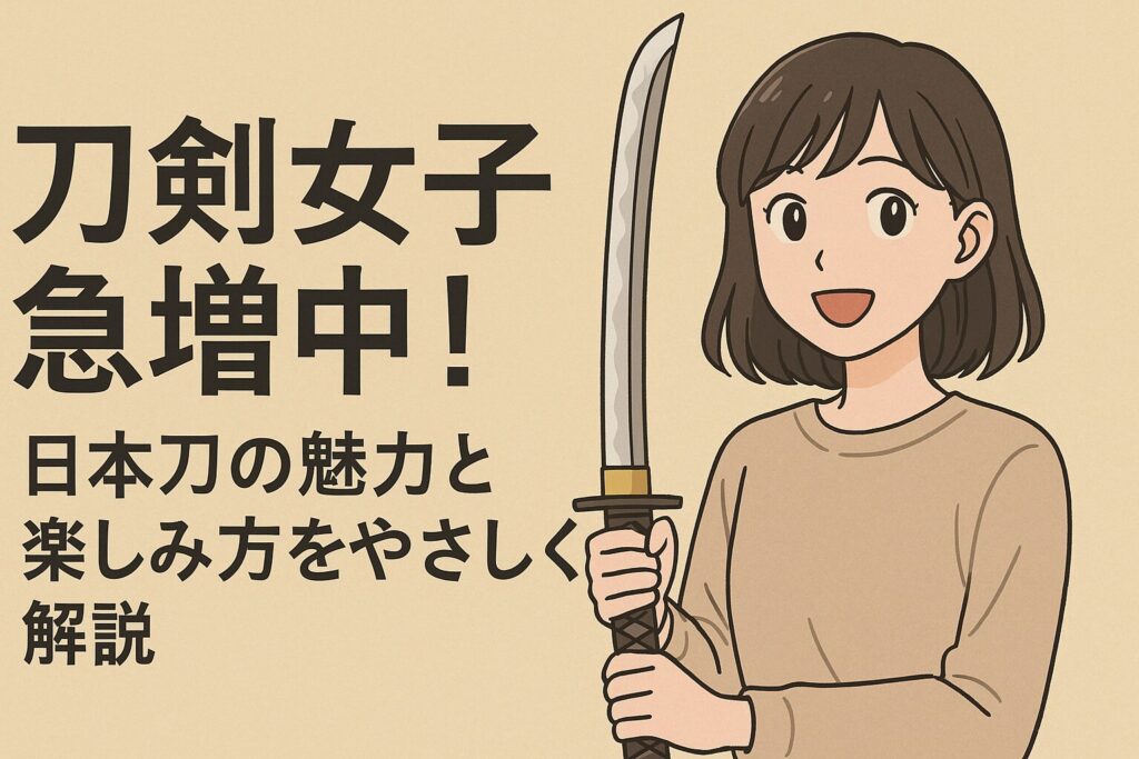 ChatGPT Image 2025年6月7日 19_20_20 - AI関連のブログ 「刀剣女子急増中!」の文字と、笑顔で日本刀を持つ若い女性のイラスト。アニメ風のスタイルで、日本刀文化の魅力を伝える横長アイキャッチ画像。