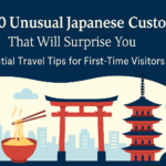 A blog cover image features travel advice titled "Top 10 Unusual Japanese Customs That Will Surprise You | Essential Travel Tips for First-Time Visitors", with illustrations of a bowing woman in kimono, a bowl of noodles, a torii gate, and a masked man, set against a Japanese skyline backdrop.
