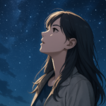夜空を見上げる新人女性アーティストが、優しくも力強い眼差しを向ける姿を描いたイラスト。星が瞬く夜空を背景に、彼女の静かな決意と未来への希望が表現されている。