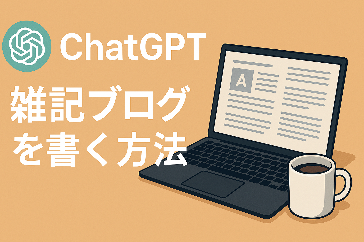 AI関連のブログ ChatGPTのロゴとノートパソコン、コーヒーカップが描かれた横長のイラスト。中央に「雑記ブログを書く方法」という日本語テキストが配置されている。温かみのあるベージュ背景で、ブログ執筆をイメージさせる構成。