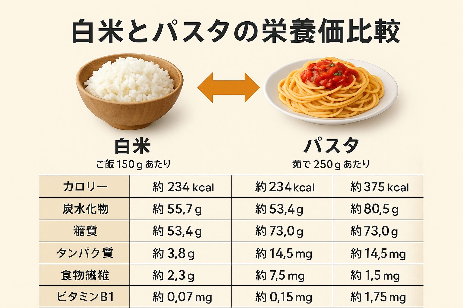 AI関連のブログ 白米150gとパスタ250gの栄養価を比較した日本語インフォグラフィック。食品画像とともに、カロリーや糖質などが並列表記されている。