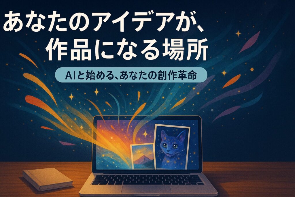 ChatGPT Image 2025年5月11日 11_15_29 - AI関連のブログ 「木製のデスクに置かれたノートパソコンの画面から、猫のポートレートや幻想的な風景が飛び出し、星や音符、カラフルな光の流れが宇宙空間のように広がっている。上部には『あなたのアイデアが、作品になる場所』という大きな日本語の文字と、『AIと始める、あなたの創作革命』というサブコピーが配置されている、創作とAIの融合を象徴するビジュアル。」