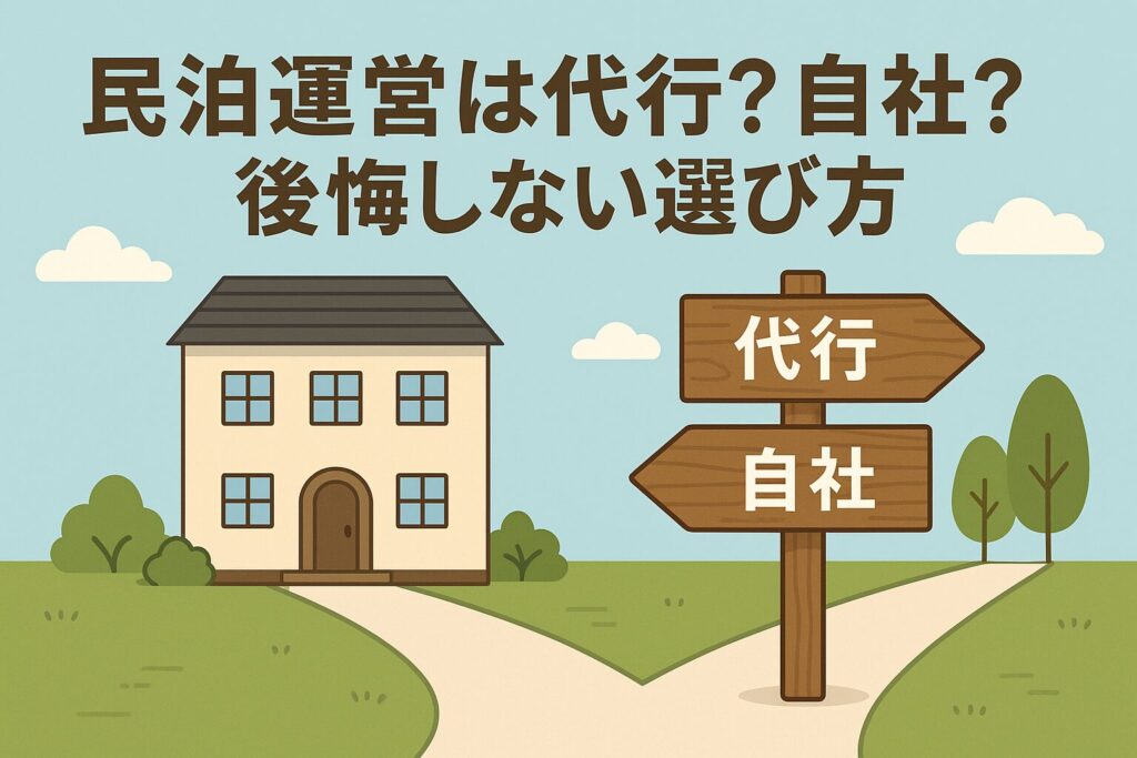 2025年5月16日 21_52_00 - AI関連のブログ 民泊運営における「代行」か「自社」かの選択を象徴するイラスト。二股に分かれた道に立つ案内板と、背景に一軒家が描かれている。空は快晴で、柔らかい色調の中に「民泊運営は代行?自社?後悔しない選び方」というタイトル文字が配置されている。