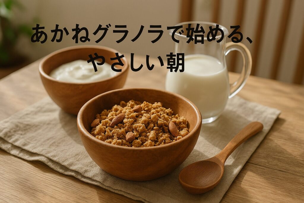 ChatGPT Image 2025年4月14日 19_45_02 - AI関連のブログ 「木製ボウルに入ったグラノラとヨーグルト、ガラスピッチャーに注がれたミルクが並ぶ朝食シーン。“あかねグラノラで始める、やさしい朝”というテキスト入り。自然光が差し込む木のテーブルで、ナチュラルで健康的な雰囲気を演出している」