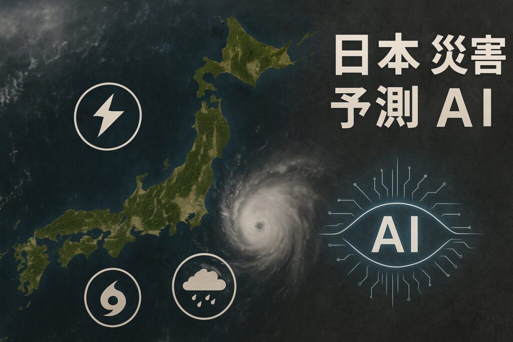 ChatGPT Image 2025年5月31日 18_32_18 - AI関連のブログ 日本列島の衛星写真を背景に、巨大な台風の渦、雷・大雨・地震を示すアイコン、「日本 災害 予測 AI」の文字とAIシンボルが並ぶリアルで未来感ある横長のビジュアル。