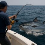AI関連のブログ 北海道の海でプレジャーボートからクロマグロを釣り上げる瞬間を捉えたリアルな写真。大物とのファイトに挑む釣り人と水面に跳ねる巨大マグロ。