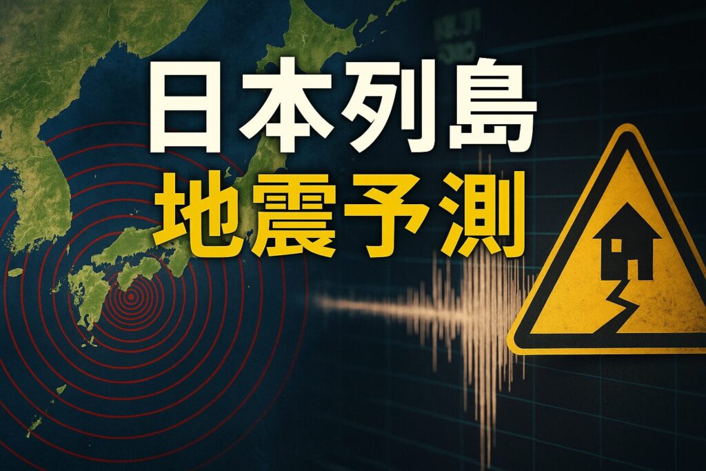 ChatGPT Image 2025年7月5日 08_31_28 - AI関連のブログ 「日本列島の衛星写真と地震の震源地を示すリアルなマップ。震源から放射状に広がる地震波と都市部の被害リスクを示す赤い警告サインが重なり、AI予測や防災の未来を象徴するデジタルグラフィック。」